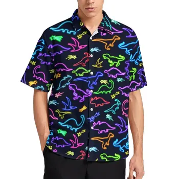Neon Casual Shirt Z Nadrukiem Dinozaura, Kolorowe Linie, Koszula Do Wypoczynku, Hawajskie Vintage Bluzka, Krótki Rękaw, Graficzna Odzież Оверсайз