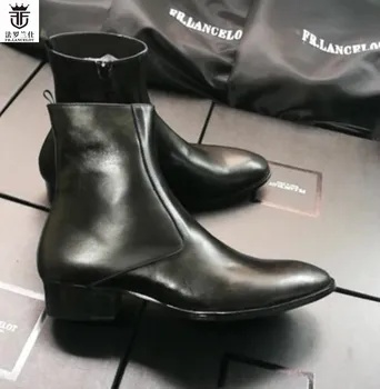 2019 FR. LANCELOT/ czarne męskie modne buty Chelsea z naturalnej skóry na niskim obcasie, fabryczna fotografia, Botki z boku na zamek błyskawiczny, buty męskie