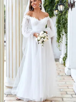 Romantyczne suknie Ślubne w formie Trapezu z otwartymi ramionami, koronki z długim rękawem