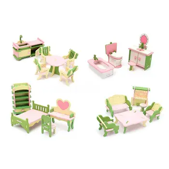 4 Zestawy Drewnianych Lalek Miniaturowe Meble Puzzle Model Dla Dzieci Zabawki Dla Dzieci