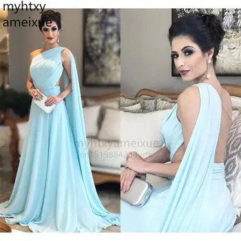 Sexy niebieskie Sukienki Z jednym ramieniem, Szyfonu Plisowana Suknia Długość podłogi, arabskie Arabia Sukienki Na Studniówkę, Szlafrok De Soiree