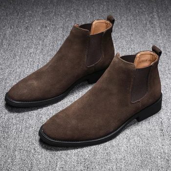 nowe modne buty Chelsea męskie botki z ostrym czubkiem botas hombre bez sznurowania kowbojskie modelowe buty ze skóry wołowej zamszowe skórzane buty bota masculina
