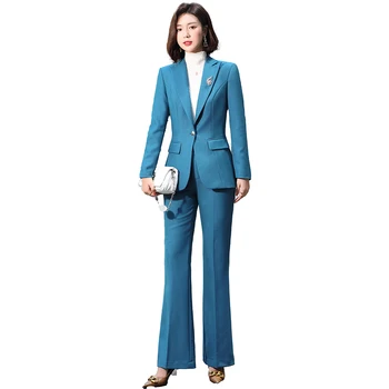 2021SS Niebieski damski garnitur spodni, Zestaw z 2 przedmiotów, Formalny Elegancka Damska Marynarka OL, Spodnie-dzwony, damska kurtka + Spodnie, duże rozmiary S-5XL