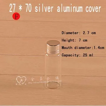 Pojemność 25 ml (27*70 mm) 50 szt./lot Nowa srebrna aluminiowa pokrywa: średnica 2,7 cm, wysokość 7 cm, średnica wlewu 1,4 cm szklana butelka