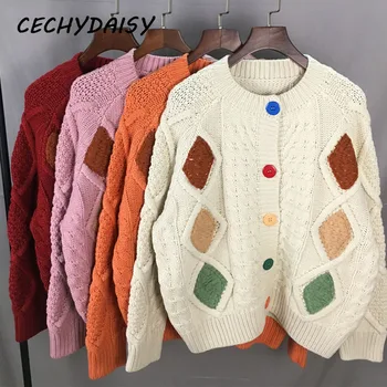 Sweter Vintage Kobiecy Sweter Z Bawełny Z Długim Rękawem Kolorowy Blokowy Odzież Zimowa Gruba Casual Meble Ubrania Za Dzianiny Odzież Wierzchnia
