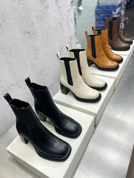Jesienno - zimowe nowe krótkie buty z wołowej skóry na grubym obcasie z okrągłym czubkiem i ogromny elastyczną taśmą, klasyczne, wygodne, seksowne i eleganckie