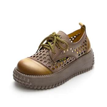 YourSeason/ Wzór buty mieszanych kolorów, klapki damskie ze skóry naturalnej, Trendy wiosenno-letnie klapki sznurowane, otwarte sandały na platformie