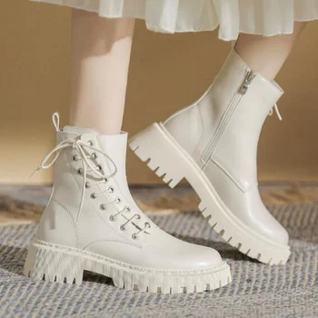 Damskie buty; sezon wiosna-jesień 2021 r.; Botki bieli, czerni; skórzane buty na platformie w stylu brytyjskim; damskie botki na zamek z sznurowania