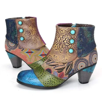 Buty damskie z nadrukiem botki dla kobiet PU skórzany retro bloku wysokie obcasy artystycznej panie wiosna jesień krótkie buty