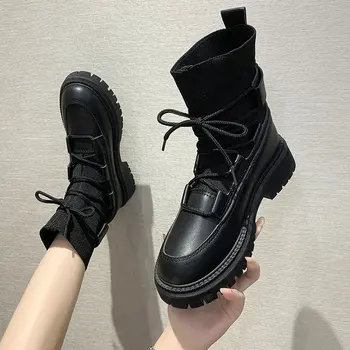 2022 nowe damskie buty zimowe botki w stylu brytyjskim z rękawami dla studentów damskie buty na płaskiej podeszwie ze sznurowanie 3919