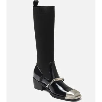 Marka Gnazhee, projekt 2022, Modne Fajne damskie nowoczesne buty do łydki, Modne buty z palcami, buty na grubym obcasie, buty z kwadratowym czubkiem