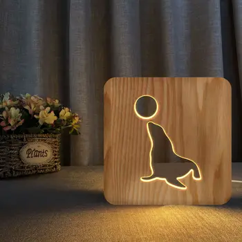 Zwierzę Nocne Lew Morski Lampa Kreatywny 3D Drewniana lampka Nocna Prezent na boże Narodzenie dla Dzieci Domowy Wystrój Sypialni