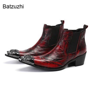 Batzuzhi/ modne męskie buty na wysokim obcasie 6 cm, wino czerwone botki z naturalnej skóry, męskie buty wieczorowe w stylu punk/biznesowe Botas Hombre, 38-46!