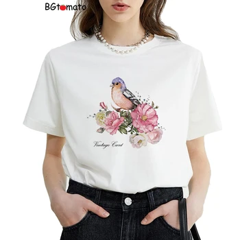 Nowe modne Koszule z ptakami i kwiatami, Damska ulubiona letnia koszulka, Miękka oddychająca koszulka A042