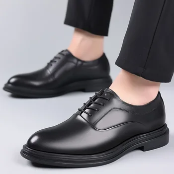 Męskie buty sznurowane, Luksusowe Marki, Czarna Oficjalna buty, Лоферы, Buty Męskie, skórzane, klasyczne modele butów w biznesowym stylu, z wytłoczonym, Buty męskie