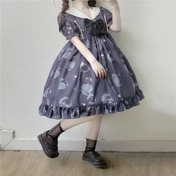 Vintage ładna sukienka w stylu lolity z nadrukiem, koronkowa ciemno-niebieska sukienka z kołnierzykiem i kokardą, wiktoriański strój kawaii dla dziewczyn, gotycka lolita, op...