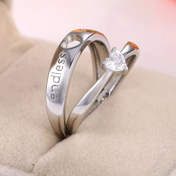 Romantyczna Para Pierścień Pierścionek Zaręczynowy Biżuteria Serce CZ Cyrkon Otwarty Pierścień Srebrny Kolor Ślub panny Młodej Prezent Na Walentynki