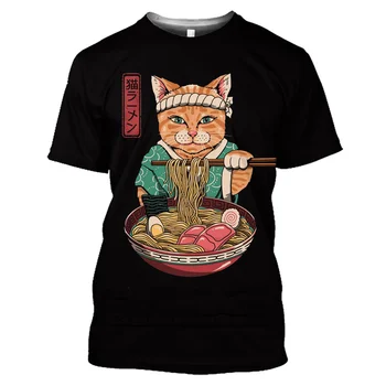 2022 Japoński Styl Retro Samuraja Kot Kot koszulka Męska Casual Z Okrągłym dekoltem i Krótkim rękawem koszulka Sportowa Dużych Luźny Top