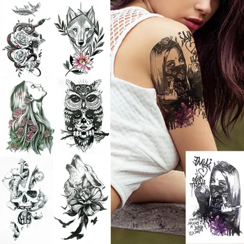 Kobiety W Masce Fałszywe Tymczasowe Tatuaże Dla Kobiet, Mężczyzn DIY Harajuku Róża Kwiat Tatuaż Talia Czarna Sowa, Wilk Wodoodporna Tatuaż Szkielet