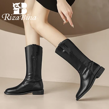 RIZABINA/Damskie buty ze skóry naturalnej, Nowe zimowe buty, Jednokolorowe Buty do połowy łydki, obuwie modne buty damskie, rozmiar 33-40