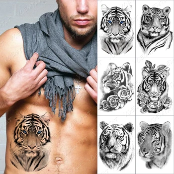 Zwierzęta Wodoodporne Tymczasowe Tatuaże Naklejka Róża Zegar Tygrys Sexy Potężny Tattoo Body Art 3D Transmisja jest Fałszywy Tatuaż Mężczyźni Kobiety Czarny