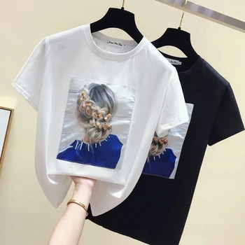 2021 Letnia koszulka Z Krótkim rękawem, Damskie Bluzki, t-Shirt Z Aplikacją, Bawełniany t-shirt w Stylu Koreańskim, Odzież Damska, t-Shirt Z Cekinami, Femme