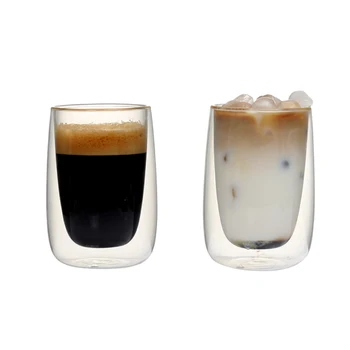 Zestaw z 2 newconnect kawowych kubków z podwójnymi ściankami o pojemności 250 ml, bez uchwytu, dwuwarstwowych szklanych kawowych drinków mieszanych napojów kawowych