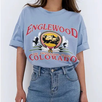Ameryka Englewood Vintage Wydruku Dla Kobiet Błękitny Krótki Rękaw T-Shirt Temat Bawełniane Codzienne, Letnie Topy Uliczna Moda T-Shirty